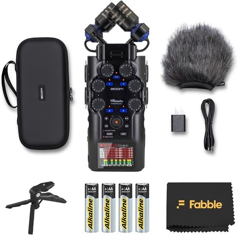 حزمة مسجل Zoom H6studio سهلة الاستخدام مع حزمة ملحقات APH-6s، وواقي أمامي مشعر، وغطاء مبطن، ومحول تيار متردد AD-17، وكابل USB-C، وبطاريات AA، وقبضة يد حامل ثلاثي القوائم للطاولة in Kuwait