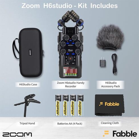حزمة مسجل Zoom H6studio سهلة الاستخدام مع حزمة ملحقات APH-6s، وواقي أمامي مشعر، وغطاء مبطن، ومحول تيار متردد AD-17، وكابل USB-C، وبطاريات AA، وقبضة يد حامل ثلاثي القوائم للطاولة in Kuwait
