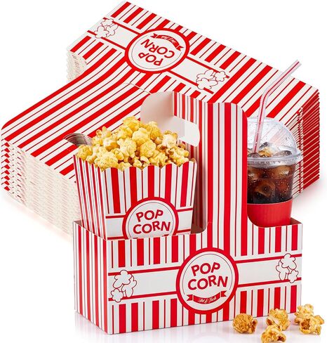 60 Pack Red and White Striped 2 Cup Drink Carriers with Handles, Retro Popcorn Print Paper Holders for Movie Nights, Parties, Concession Stands and Events in Kuwait
