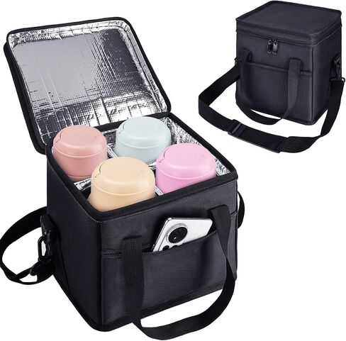 Reusable Drink Carrier with Handle, Tip-Resistant 4 Cup Insulated Bag, Adjustable Dividers & Strap, No-Spill Base, Collapsible for Delivery, Camping, Travel, Car (Black) in Kuwait