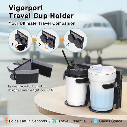 Vigorport Luggage Travel Cup Holder, Folding Drink Caddy for Suitcases - Hold Two Coffee Mugs Traveler Carry on Hands Free Accessory (Hook & Loop) in Kuwait