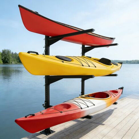 Heavy Duty Kayak Storage Rack for Dock/Garage, Adjustable Freestanding Kayak Stand or Wall Mount Kayak Rack, 3-Tier Indoor Outdoor Canoe Storage Rack for 3-4 Kayaks, SUP & Paddleboard in Kuwait