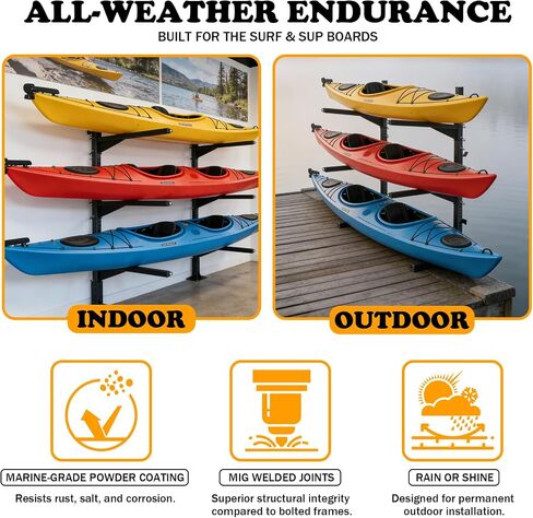 Heavy Duty Kayak Storage Rack for Dock/Garage, Adjustable Freestanding Kayak Stand or Wall Mount Kayak Rack, 3-Tier Indoor Outdoor Canoe Storage Rack for 3-4 Kayaks, SUP & Paddleboard in Kuwait