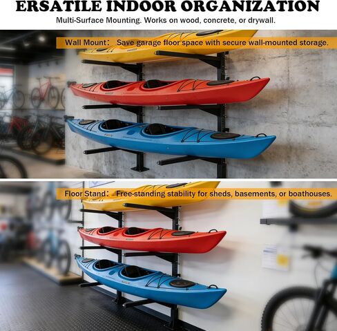 Heavy Duty Kayak Storage Rack for Dock/Garage, Adjustable Freestanding Kayak Stand or Wall Mount Kayak Rack, 3-Tier Indoor Outdoor Canoe Storage Rack for 3-4 Kayaks, SUP & Paddleboard in Kuwait