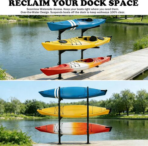 Heavy Duty Kayak Storage Rack for Dock/Garage, Adjustable Freestanding Kayak Stand or Wall Mount Kayak Rack, 3-Tier Indoor Outdoor Canoe Storage Rack for 3-4 Kayaks, SUP & Paddleboard in Kuwait