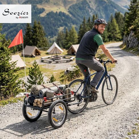 Soozier 2-in-1 Bike Cargo Trailer & Wagon Cart, Multi-Use Bicycle Trailer with Quick Release 16" Pneumatic Wheels, Kickstand, Red Flag, Universal Hitch, Fits 22"-28" Bike Wheels, 132lbs Capacity in Kuwait