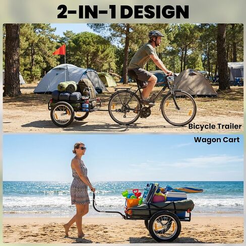 Soozier 2-in-1 Bike Cargo Trailer & Wagon Cart, Multi-Use Bicycle Trailer with Quick Release 16" Pneumatic Wheels, Kickstand, Red Flag, Universal Hitch, Fits 22"-28" Bike Wheels, 132lbs Capacity in Kuwait