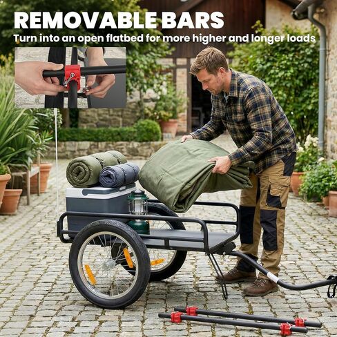 Soozier 2-in-1 Bike Cargo Trailer & Wagon Cart, Multi-Use Bicycle Trailer with Quick Release 16" Pneumatic Wheels, Kickstand, Red Flag, Universal Hitch, Fits 22"-28" Bike Wheels, 132lbs Capacity in Kuwait