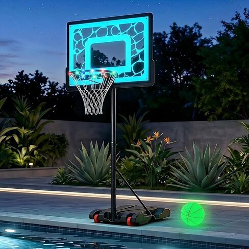 GYMAX Pool Basketball Hoop with LED & Solar Lights, Adjustable Height Swimming Pool Basketball Hoop Portable with Shatterproof PC Backboard, Includes Ball & Pump in Kuwait
