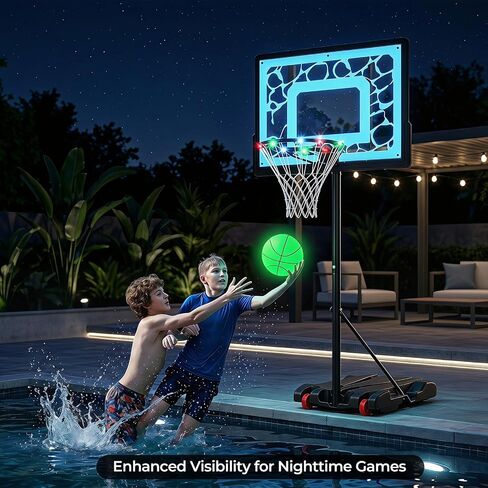 GYMAX Pool Basketball Hoop with LED & Solar Lights, Adjustable Height Swimming Pool Basketball Hoop Portable with Shatterproof PC Backboard, Includes Ball & Pump in Kuwait
