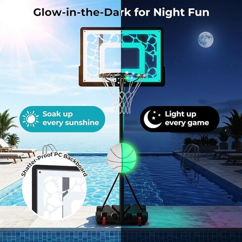 GYMAX Pool Basketball Hoop with LED & Solar Lights, Adjustable Height Swimming Pool Basketball Hoop Portable with Shatterproof PC Backboard, Includes Ball & Pump in Kuwait