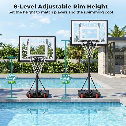 GYMAX Pool Basketball Hoop with LED & Solar Lights, Adjustable Height Swimming Pool Basketball Hoop Portable with Shatterproof PC Backboard, Includes Ball & Pump in Kuwait