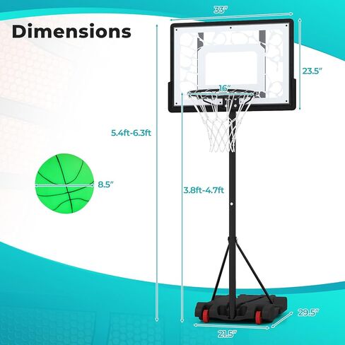 GYMAX Pool Basketball Hoop with LED & Solar Lights, Adjustable Height Swimming Pool Basketball Hoop Portable with Shatterproof PC Backboard, Includes Ball & Pump in Kuwait