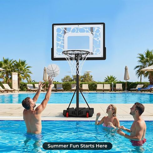 GYMAX Pool Basketball Hoop with LED & Solar Lights, Adjustable Height Swimming Pool Basketball Hoop Portable with Shatterproof PC Backboard, Includes Ball & Pump in Kuwait