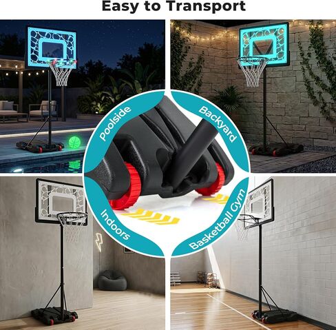 GYMAX Pool Basketball Hoop with LED & Solar Lights, Adjustable Height Swimming Pool Basketball Hoop Portable with Shatterproof PC Backboard, Includes Ball & Pump in Kuwait