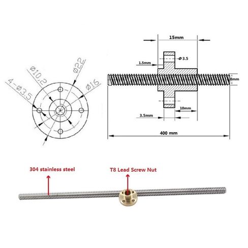 2-Pack 400mm Dia 8mm T8 Lead Screw and Brass Nut for 3D Printer Z Axis in Kuwait