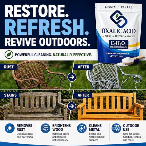 Oxalic Acid Powder 1lb - Trial Size Wood Bleach & Rust Remover - 99.6% Pure Deck Cleaner, Wood Brightener & Stain Remover for Small Projects in Kuwait
