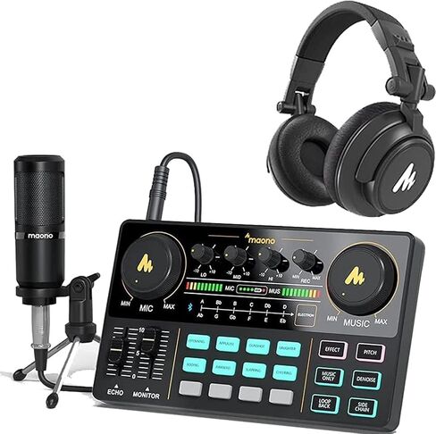 MAONO Podcast Equipment Bundle MaonoCaster Audio Interface All-in-One Podcast Production Studio with 25mm Large Diaphragm Boom Arm Microphone for Live Streaming, Recording, PC (AU-AM200-S6 Black) in Saudi Arabia
