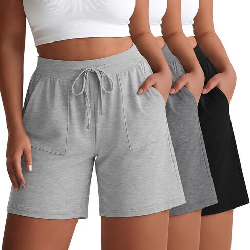 3 Pack Women's Plus Size Bermuda Shorts Cotton Long Yoga Short with Pockets High Waisted Drawstring Athletic Bottom in Kuwait