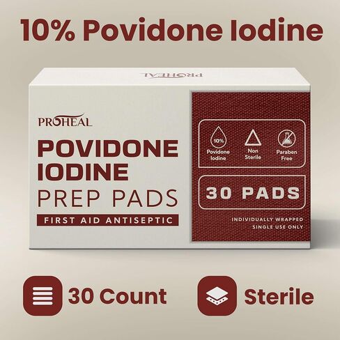 10% Povidone Iodine Prep Pads - 30 Iodine Swabs, Individually Wrapped - First Aid Antiseptic for Cleaning and Keeping Skin Clean in Kuwait