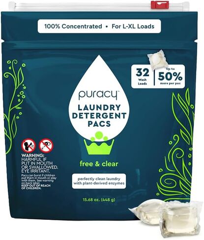 Puracy Laundry Detergent Pods with 2 Bio-Powered Enzymes, Free and Clear for Sensitive Skin, Non Toxic Richly Concentrated Washing Detergent Pods, 32 Ct in Saudi Arabia