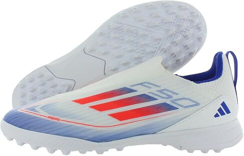 حذاء adidas F50 League LL TF GS للأولاد مقاس 12، اللون: أبيض سحابي/أحمر شمسي/أزرق فاتح/أبيض فائق in Kuwait