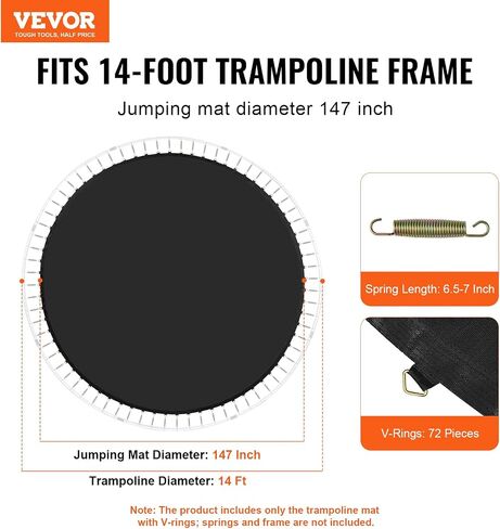 VEVOR Replacement Trampoline Mat, Jumping Mat Fits 12/13/14/15 ft Frame, Universal Jumping Round Trampoline, UV-Resistant Mat with Spring Tool & 72/80/92 V-Rings, Fit 5.5"/6.5"/7" Spring Length in Saudi Arabia