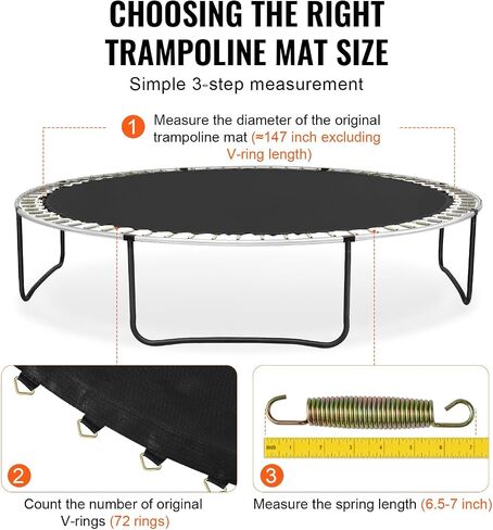 VEVOR Replacement Trampoline Mat, Jumping Mat Fits 12/13/14/15 ft Frame, Universal Jumping Round Trampoline, UV-Resistant Mat with Spring Tool & 72/80/92 V-Rings, Fit 5.5"/6.5"/7" Spring Length in Saudi Arabia