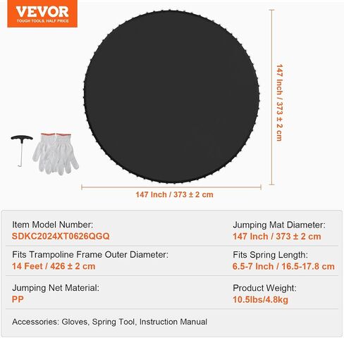 VEVOR Replacement Trampoline Mat, Jumping Mat Fits 12/13/14/15 ft Frame, Universal Jumping Round Trampoline, UV-Resistant Mat with Spring Tool & 72/80/92 V-Rings, Fit 5.5"/6.5"/7" Spring Length in Saudi Arabia