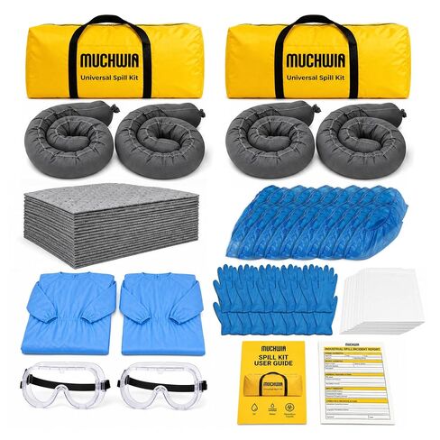 MUCHWIN 2-Pack Universal Spill Kit, OSHA & DOT Compliant Biohazard for Oil, Water, Chemical, Blood & Bodily Fluid — 30 Pads, 4 Socks, PPE (Gloves, Goggles, Apron, Shoe Covers), 2 Duffel Bags, EN/ES | COMPLETE HEAD-TO-TOE PROTECTION IN ONE BAG in Kuwait