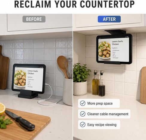 SplashNColor Under Cabinet Mount for Echo Show 8 – No-Drill Hanging Bracket | Space-Saving Kitchen Counter Setup | Tilt-Ready Friction Fit Holder | Frees Up Countertop for Smart in Kuwait