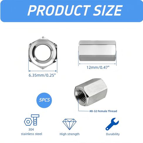 304 Stainless Steel Hex Nut, #8-32 UNC Thread, 12mm (0.47") Length, Extended Coupling Nut, 5-Pack in Kuwait