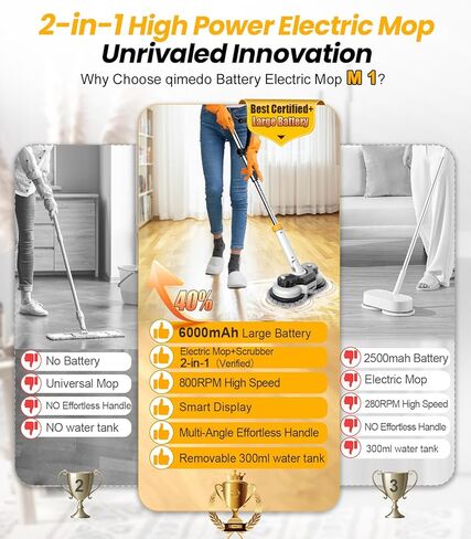 qimedo 800RPM Cordless Electric Mop, 6000mAh Battery Electric Power Scrubber & Mops for Floor Cleaning, Best Automatic Spin Mops with Smart Display,Rotating Mop with LED Light & Water Spray in Kuwait