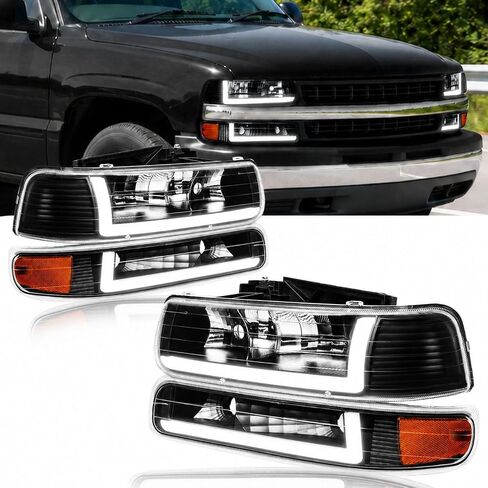 ل1999-2002 تشيفي سيلفرادو 1500 2500 1500HD 2500HD 3500HD LED DRL المصابيح الأمامية الجمعية 2000-2006 تاهو الضواحي 1500 2500 بدائل العنبر العاكس الأسود الإسكان in Kuwait
