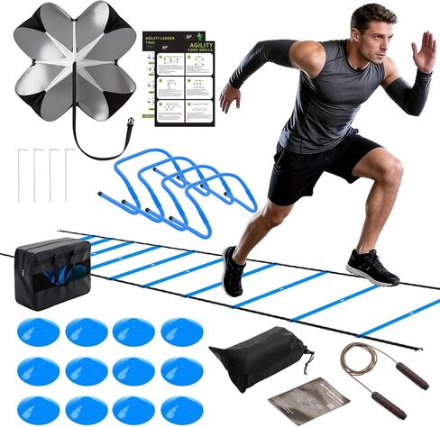OLIXIS Soccer Football Agility Training Equipment with 4 Adjustable Hurdles, 12 Socce Cones, Running Parachute and Jump Rope, 20ft Agility Speed Ladder for Speed and Footwork in Kuwait