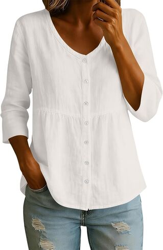 Linen Tops for Women Summer Button Down V Neck Blouse 3/4 Sleeve Ruffled Hem Casual Loose Fit Linen Shirts in Kuwait