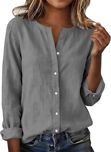 Linen Blouses for Women Summer Stand Collar Button Down Blouse Long Sleeve Rolled Cuffs Casual Loose Fit Linen Tops in Kuwait