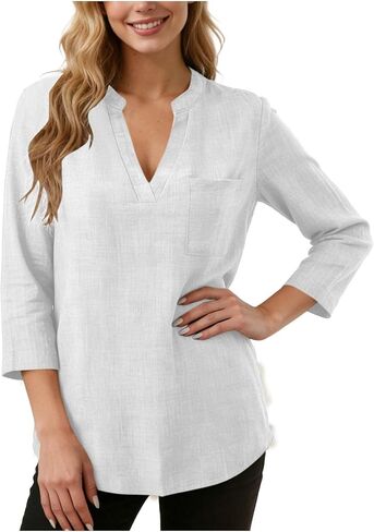 Linen Shirts for Womens Fashion Casual V Neck Short Sleeve Tops Breathable Lightweight Baggy Summer Blouses in Kuwait