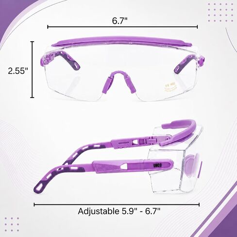 UNCO- Safety Goggles Over Glasses with Clear Wraparound Lens, Lavender Arms, Anti Fog Safety Glasses for Men and Women, Protective Eyewear in Kuwait