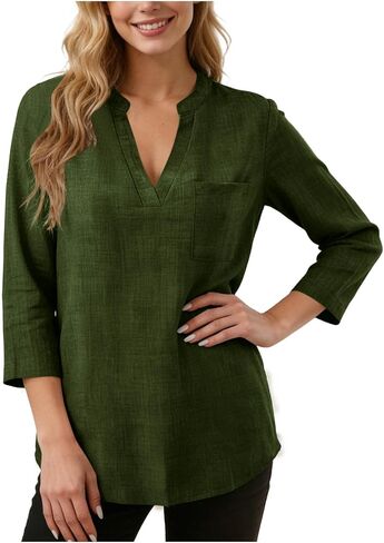 Linen Shirts for Womens Fashion Casual V Neck Short Sleeve Tops Breathable Lightweight Baggy Summer Blouses in Kuwait