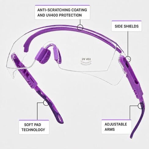 UNCO- Safety Goggles Over Glasses with Clear Wraparound Lens, Lavender Arms, Anti Fog Safety Glasses for Men and Women, Protective Eyewear in Kuwait