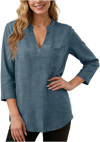 Linen Shirts for Womens Fashion Casual V Neck Short Sleeve Tops Breathable Lightweight Baggy Summer Blouses in Kuwait