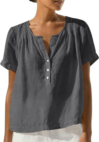 Womens Linen Tops Summer Split Neck Half Button Blouse Short Sleeve Casual Loose Fit Linen Blouses for Beach Daily in Kuwait