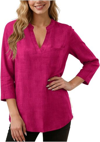 Linen Shirts for Womens Fashion Casual V Neck Short Sleeve Tops Breathable Lightweight Baggy Summer Blouses in Kuwait