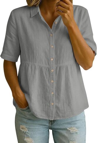 Linen Tops for Women Summer Button Down Collared Blouse Short Sleeve Ruffled Hem Casual Loose Fit Linen Shirts in Kuwait