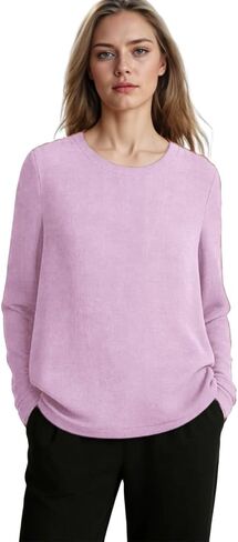 Women's Round Neck Long Sleeve Solid Color T-Shirt Fit Comfortable Cotton Linen Blend Lounge Loose Top in Kuwait