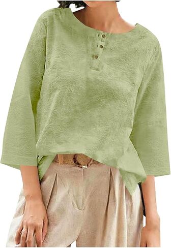 Women's Summer Round Neck Solid Color Blouse 3/4 Sleeve Button Top Casual Loose T-Shirt for Daily Office and Outing in Kuwait