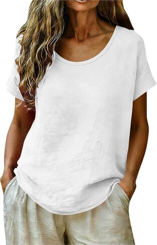 Linen Tops for Women Summer Solid Color Round Neck Blouse Short Sleeve Casual Loose Fit Linen Shirts for Lounge in Kuwait