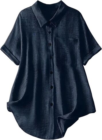 Blouses for Women Collared Short Sleeve Button Front Tops Loose Fit Curved Hem Shirt Lightweight Summer Casual Tops in Kuwait