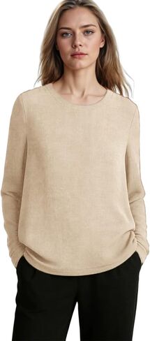 Women's Round Neck Long Sleeve Solid Color T-Shirt Loose Fit Comfortable Cotton Linen Blend Lounge Top in Kuwait
